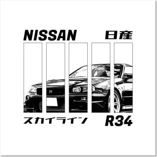 NISSAN SKYLINE GT-R R34 Black 'N White 3 Posters and Art